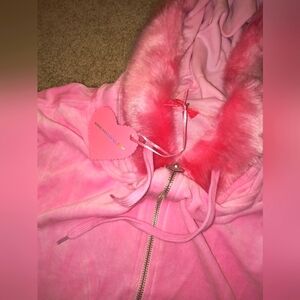 Dolls kill velvet fur sugar thrillz Pink Velour Hoodie women's L crop jacket